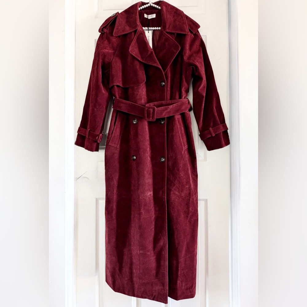 Commense Belted Double-Breasted Suede Effect Long Trench Coat - Picture 16 of 16